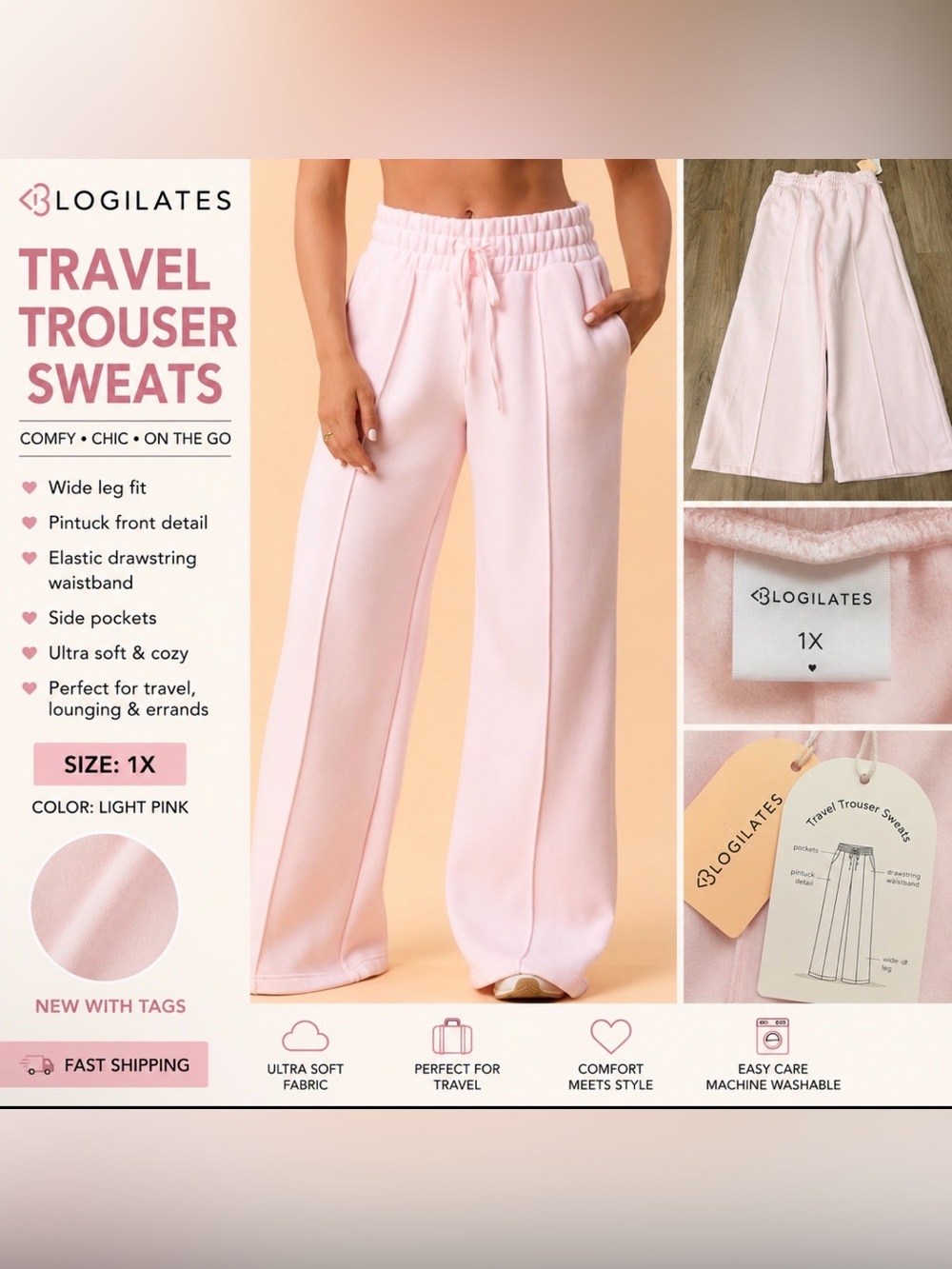 Blogilates Travel Trouser Sweats – Light Pink – Size 1X – NWT - Picture 1 of 9